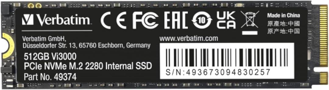 Verbatim 512GB SSD Vi3000 Internal Solid State Hard Drive PCIe NVMe M.2 2280