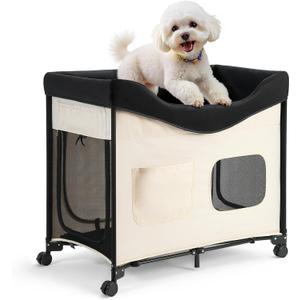 VEVOR Bedside Lounge Pet Bed, Foldable Bunk Dog Bed with 600D Oxford Cloth and Dutch Velvet, Portable Raised Cot with Wheels, Side Storage Bags, and Carry Bag for Cats & Dogs, L, Beige