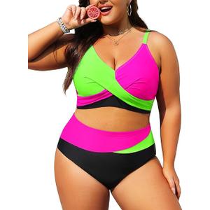Tempt Me Plus Size Two Piece Swimsuit - Women High Waisted Bikini Set Tummy Control Bathing Suits (20W)