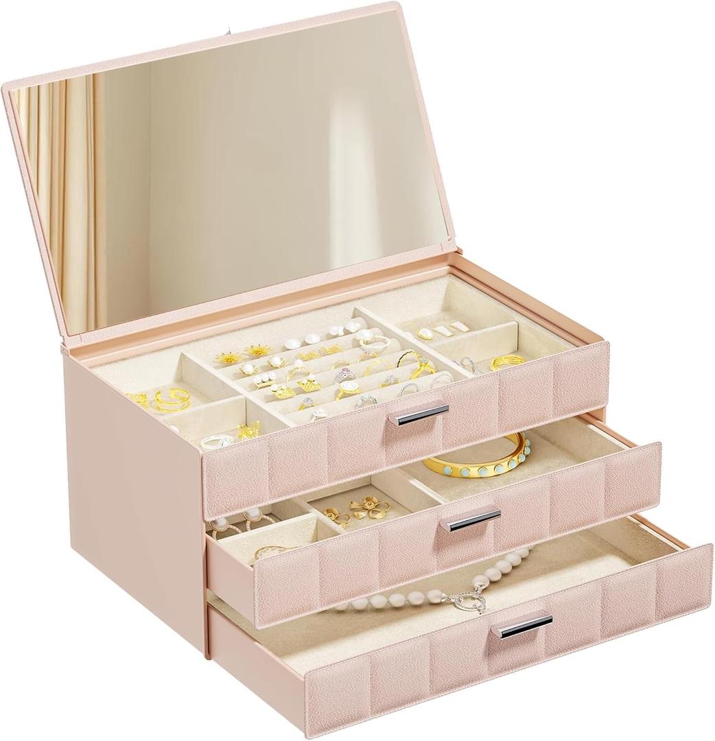 VUSIGN Jewelry Box for Women, 3 Layer Jewelry Organizer with Mirror, Jewelry Storage Case with Removable Pad, Customizable Jewelry Boxes for Rings Earrings Necklaces, Pink