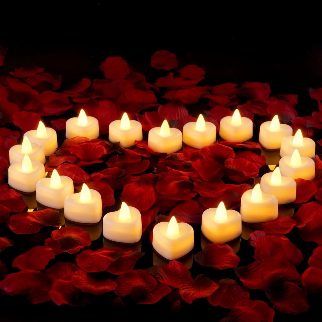 Amagic 2000 Pieces Artificial Rose Petals with 24 Heart LED Tea Lights Candles Kit, Rose Petals and Candles Set for Proposal, Anniversary, Special Romantic Night, Wedding Table Decor, Birthday