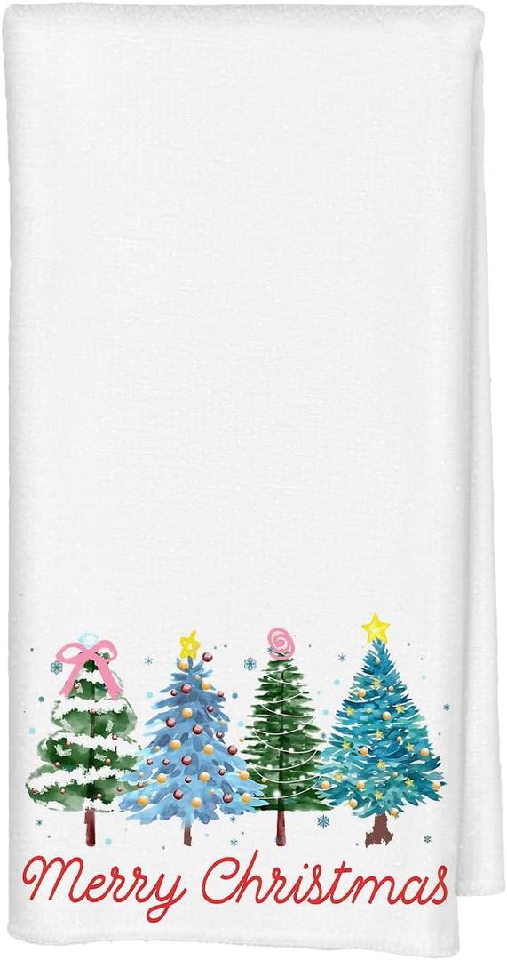 Blue and Green Christmas Tree Kitchen Dish Towels, Preppy Christmas Decor, Coquette Xmas Winter Snowflake Decorative Hand Towels for Bathroom Kitchen Decor, 16x24 Inch