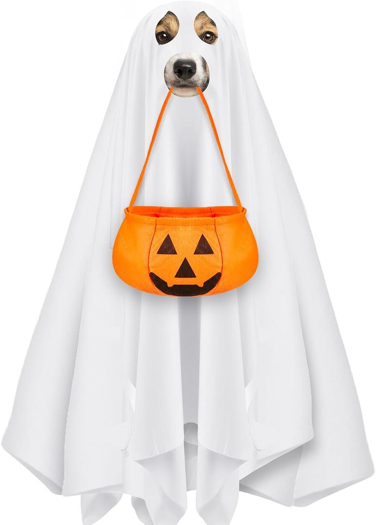 Sadnyy 31.5 x 47.2 Large Halloween Ghost Dog Costume Sets Includes Dog Costumes with Bucket, Ghost Costume with Felt Pumpkin Bucket for Halloween Medium Large Doggy Cat Trick or Treat Bags