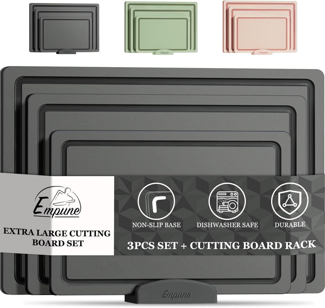 Empune Plastic Cutting Board Set, Recycled Plastic Cutting Boards for Kitchen (Set of 3), Dishwasher Safe Large Chopping Board with Holder, Non-slip Feet and Juice Grooves, Nonporous, Grey 