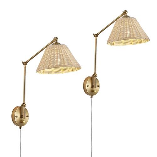Fetason Gold Dimmable Plug in Wall Sconces Set of 2 with Swing Arm, Hand Woven Rattan Wall Sonce Light Fixture, Vintage Bedside Wall Mounted Lamp for Bedroom Living Room Home Office