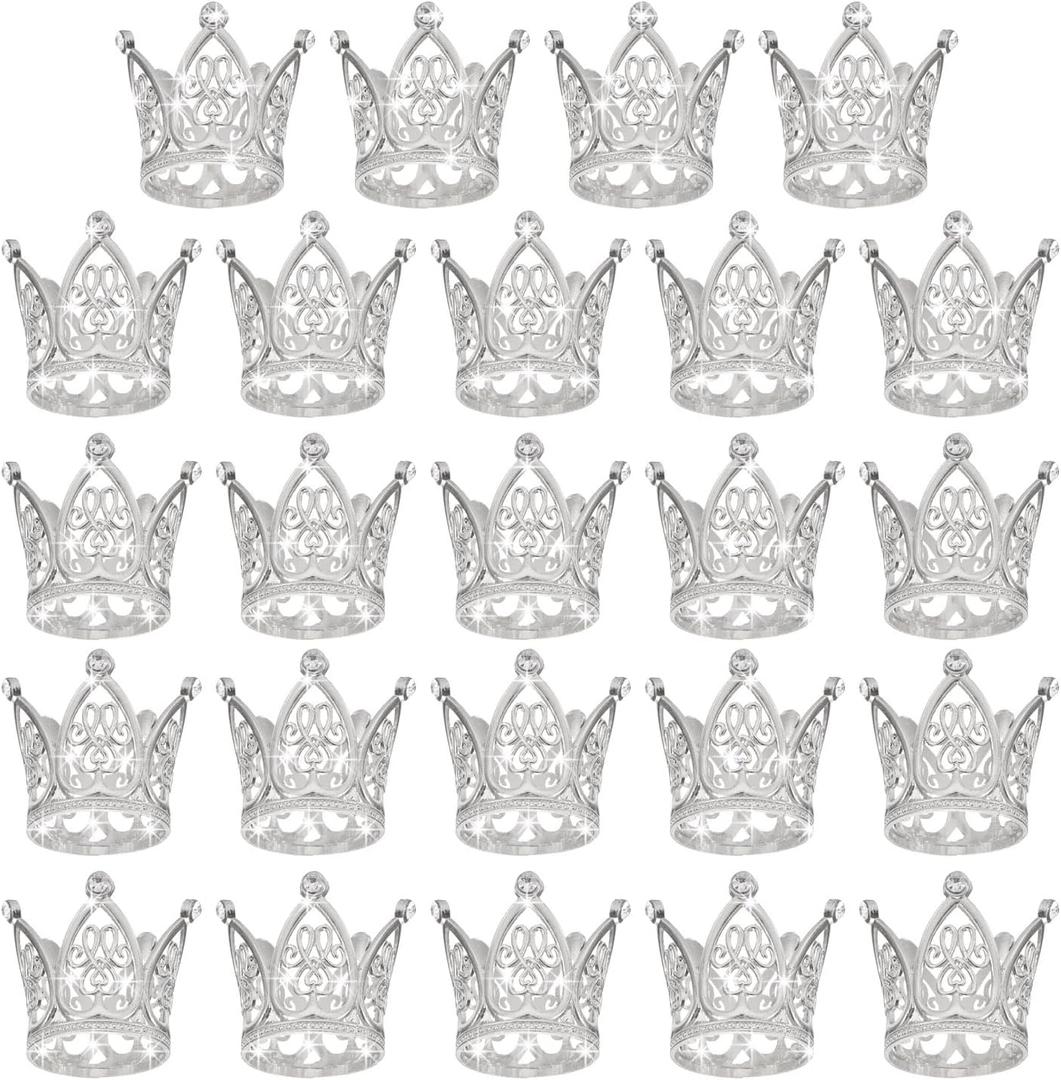 uxcell 24Pcs Mini Crown Cake Toppers, Alloy Queen Princess Little Silver Crown Tiara Cupcake Heart Shaped with Pearl Rhinestone for Birthday Cake Decor Wedding Party, Little Heart Crown
