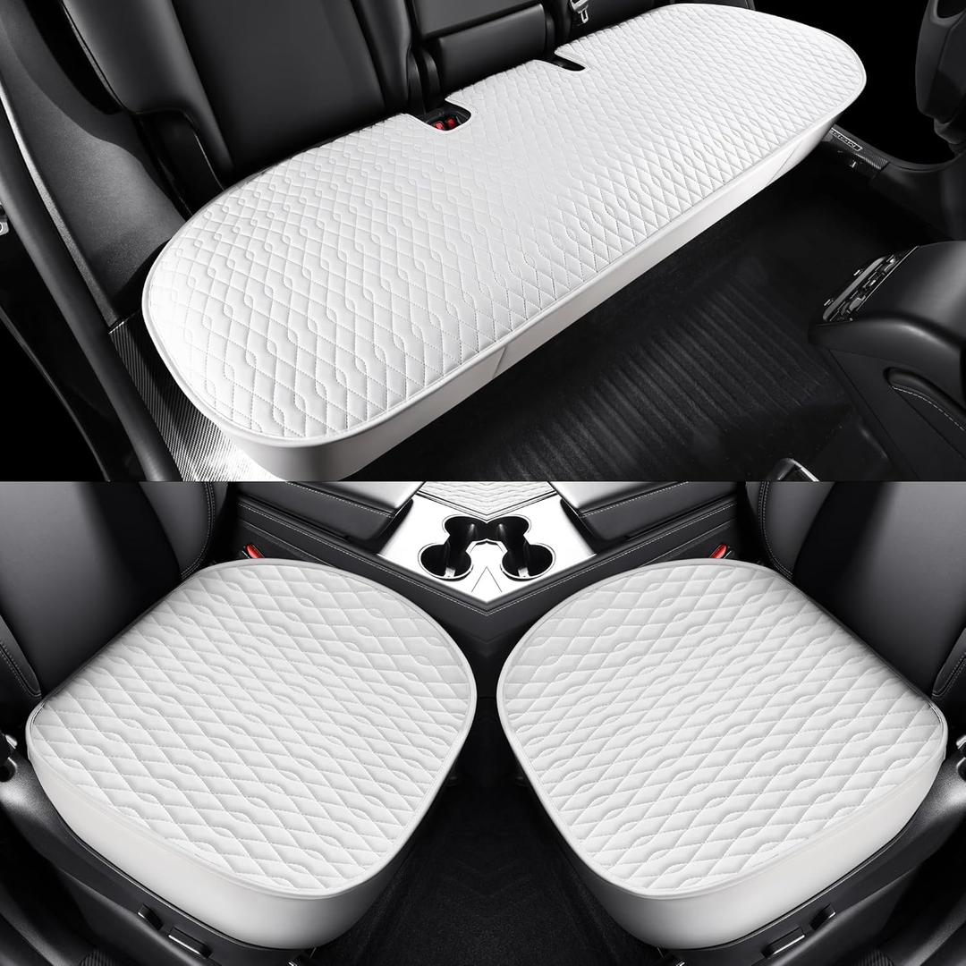 3PCS Car Seat Cover Nappa Leather Front & Back Seat Covers for Tesla Model Y 2020-2024 Seat Cover Bottom, Original White Color Heavy Duty Seat Cushion Protector Without Backrest (Model Y White)