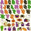 72 Pcs Autumn Halloween Patches Chenille Halloween Letter Patch Self Adhesive Embroidered,Include 52 A-Z Letters Patches,20 Pumpkin Ghost Skeleton Witch Hat Spider Gravestone Sew on Patch Stickers