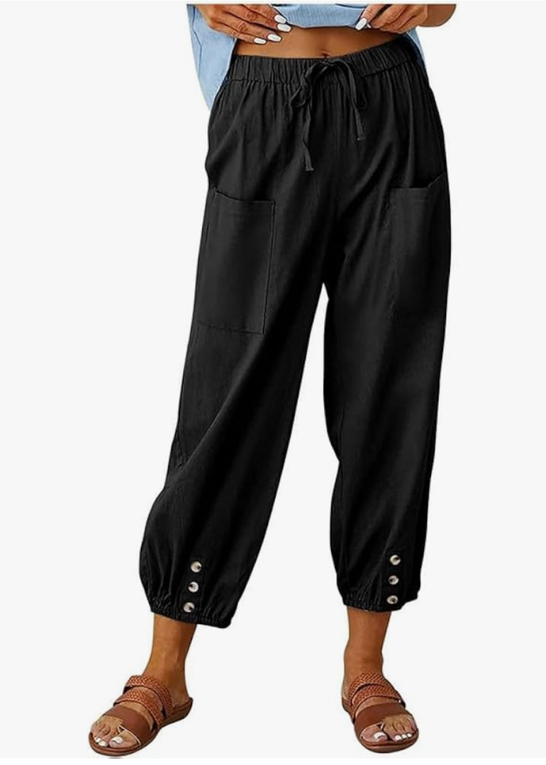 Womens Capri Pants Cotton Linen Cropped Trousers Summer Wide Leg Drawstring High Waist Palazzo Pants with Pockets, Size -Large