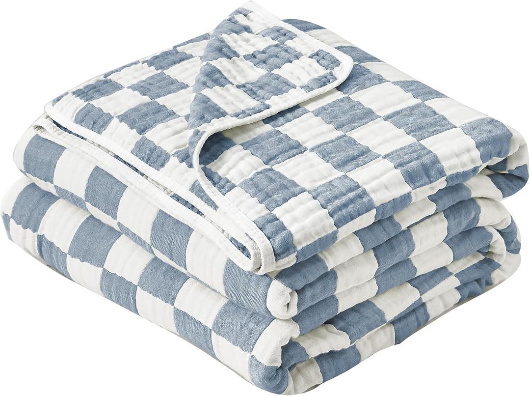 Ultra Soft Cozy 100% Cotton 6-Layer Muslin Baby Blanket 41"x41" Breathable Lightweight Checkered Swaddle Blankets for Baby Boys Essentials Birthday Gifts All Seasons Both Sides (Blue)