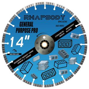RHAPSODY 14 Inch Diamond Concrete Saw Blade, Turbo Segmented General Purpose Blade Dry/Wet Cutting Concrete, Reinforced Concrete, Masonry, Brick, Block,1"-20mm Arbor