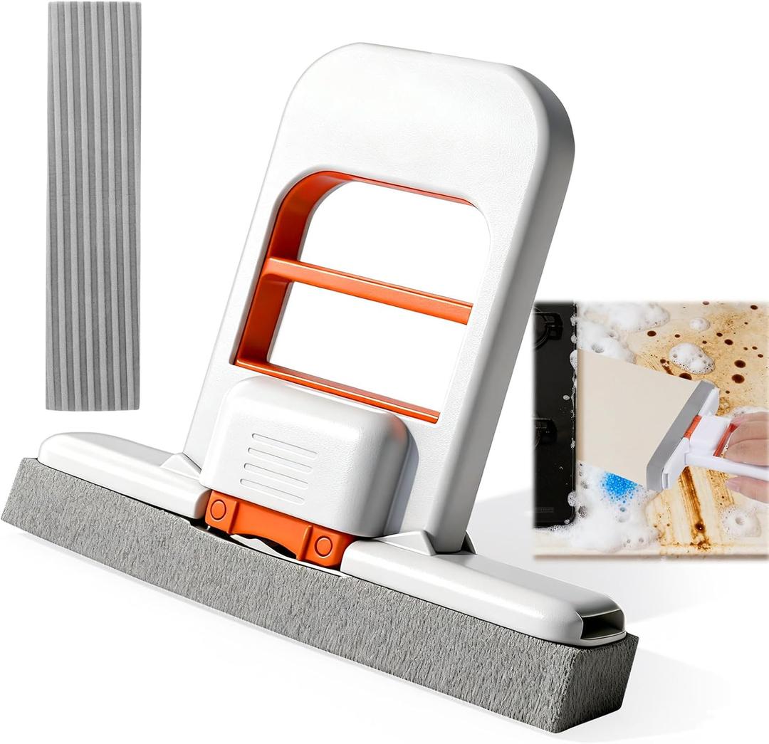 Juome Mini Foldable Desktop Mop - Portable Self-Squeeze Sponge Cleaning Tool, Wet and Dry Use Cleaning System, Mini Mop for Kitchen Counter, Bathroom, Glass (2 Sponge Head + 1 Squeeze Handle)