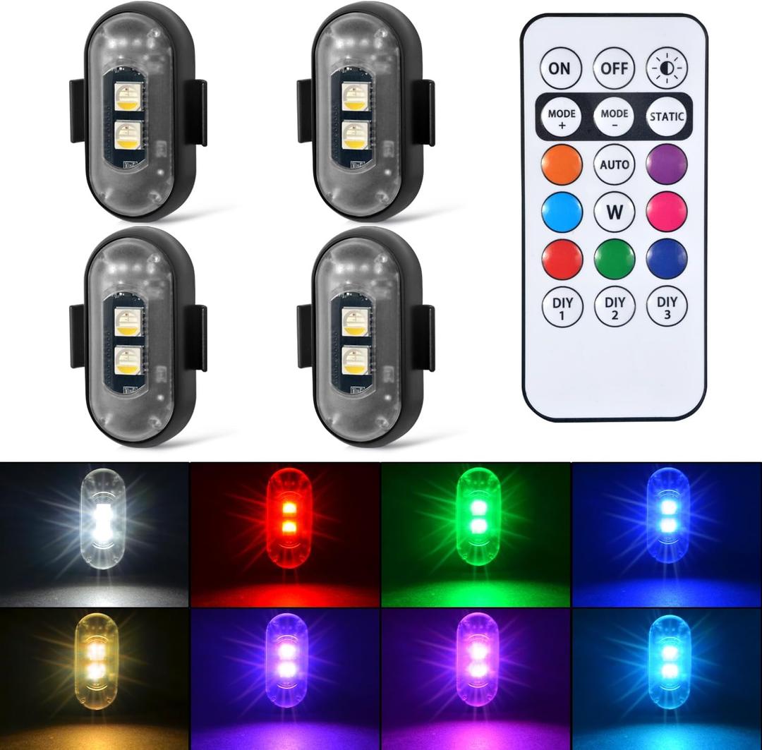4PCS Wireless LED Strobe Lights with Remote Control, 8 Colors Rechargeable Led Lights Anti-Collision LED Emergency Warning Lights for Car Motorcycle Bike Drone Aircraft