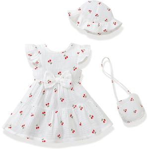 Renotemy Infant Baby Girl Summer Dress Ruffle Flutter Sleeve Bowknot Sundress Gifts Casual Clothes Outfits with Hat and Bag