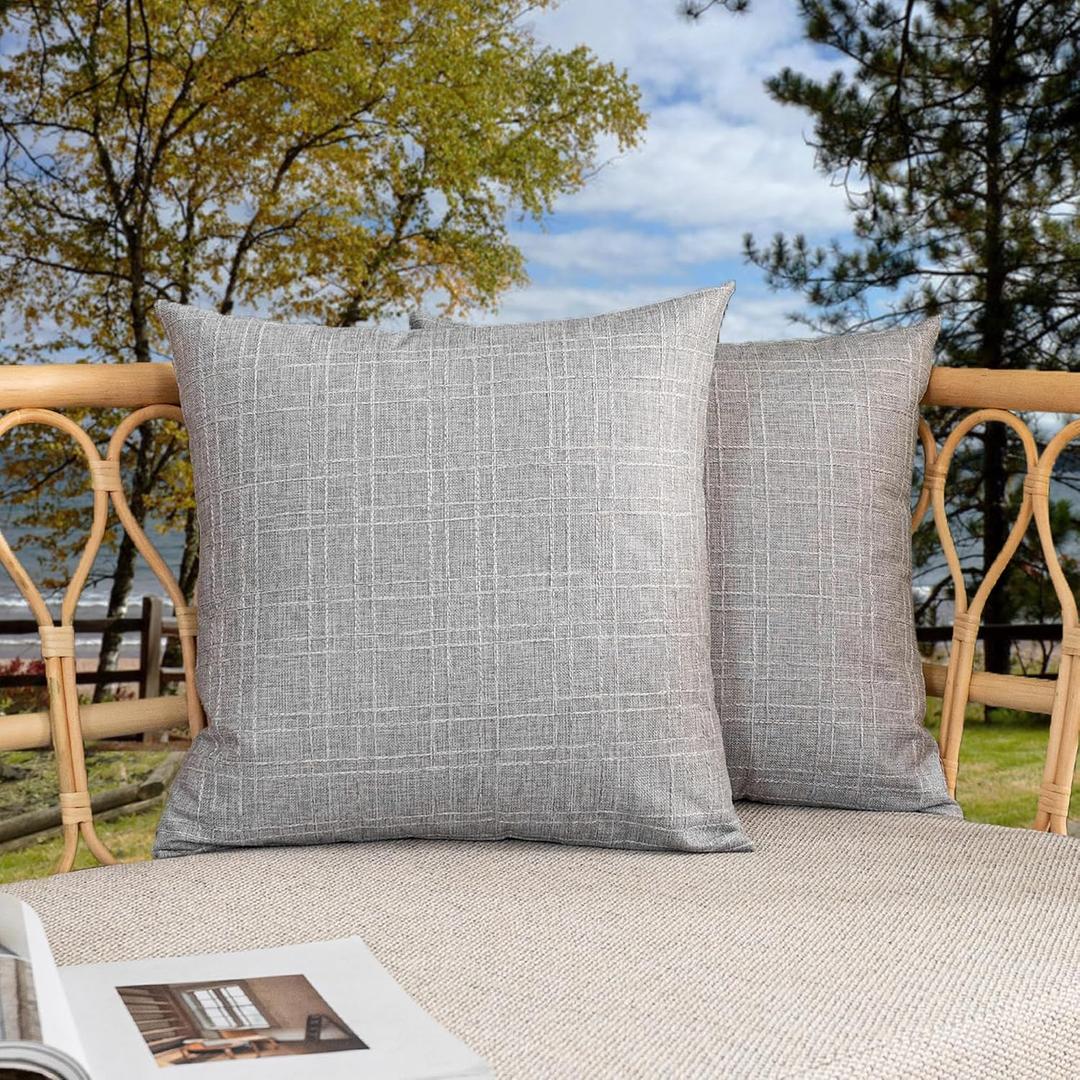 Kevin Textile Pack of 2 Decorative Outdoor Waterproof Pillow Covers Garden Checkered Cushion Sham Throw Pillowcase Shell for Patio Tent Couch 20x20 Inch Grey