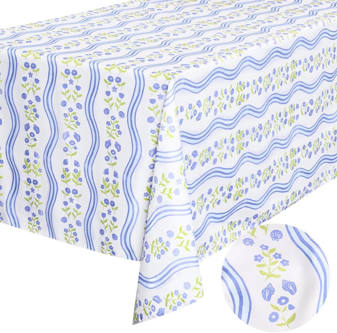 xo, Fetti Coastal Tablecloth, White + Blue | 9' x 4.5' | Bachelorette Tablescape, Dinner Party Setting, Beach Birthday Decoration, Cute Tablecover, Floral Table Decor