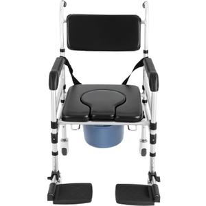 Shower Chair with Wheels, Rolling Commode Chair for Toilet with Arms, Adjustable Height Folding Bath Commodes for Inside Shower, Bedside Wheelchair Bathroom Chairs for Elderly Disabled Injured