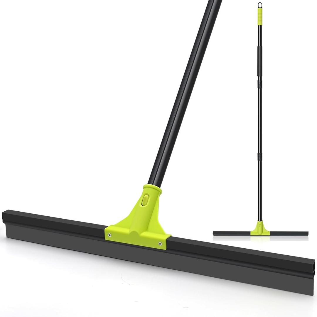 Floor Squeegee Heavy Duty, 24 Rubber Foam Water Scraper Broom, Epoxy Wiper Mop with 62 inches Long Handle for Cleaning Concrete Pool Rug Garage Deck Shower Window Outdoor Indoor (Green)