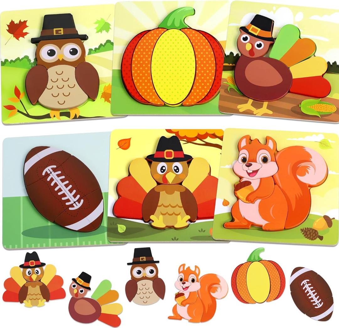 6 Pack Thanksgiving Wooden Puzzle for Toddlers, Thanksgiving Toys Jigsaw Puzzles for Thanksgiving Activities Party Favors Games Kids Boys Girls Thanksgiving Gifts Supplies