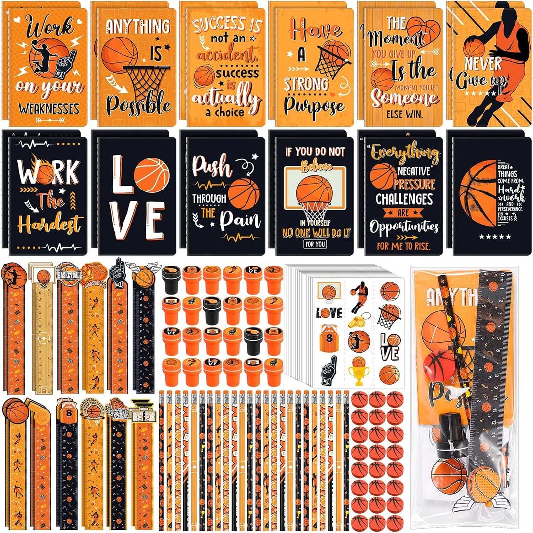 Capoda 168 Pcs Basketball Birthday Party Favors Basketball Treats for Team Goodie Bags Stuffers Student Prizes Mini Notebook Pencil Stamp Sticker Stationery Set for Classroom Rewards Birthday Gift