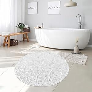 Extra Large Round Area Rug Set for Bathroom 48"x48" Soft Plush Chenille Bath Mat, Water Absorbent Non-Slip Bathroom Rug | Washable Shag Carpet for Shower, Bedroom, or Home Décor | White