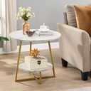 D&H FURNIMMT 20" Living Room Side Table for Small Spaces, 2 Tier Wood Top Round End Tables with Storage Shelf, Accent Sofa Table for Bedroom, Office, Sunroom, Balcony, White Faux Marble/Gold