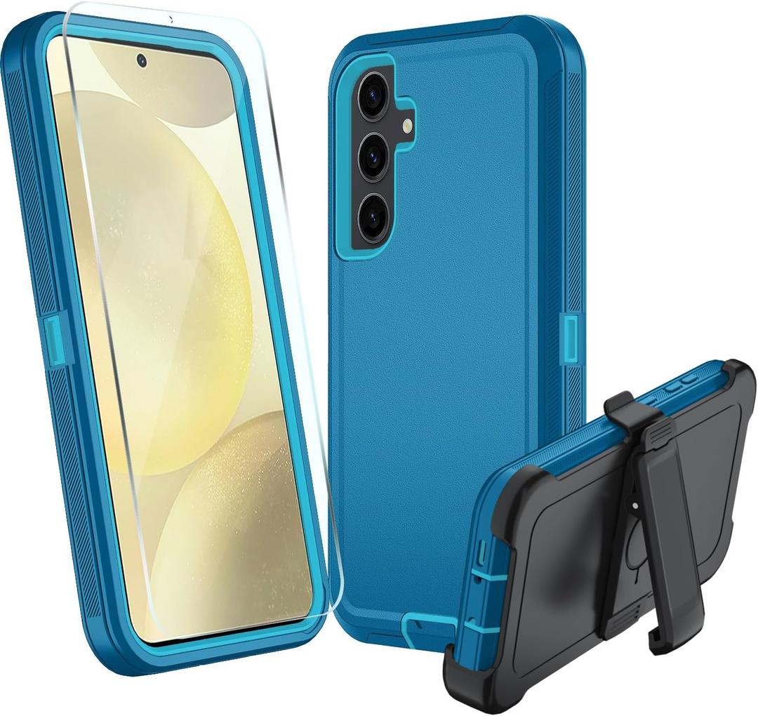 for Samsung Galaxy S24 FE 5G Case, S24 FE Heavy Duty case, [Belt Clip Holster] [Glass Screen Protector] [Military Grade Protective ] [Shockproof] [Dropproof] [Dust-Proof] (Lake Blue)