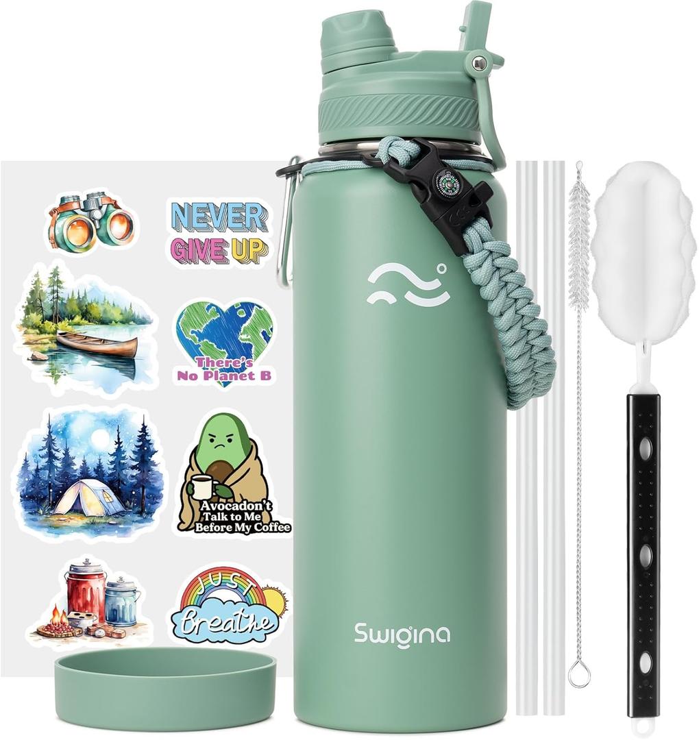 [2-IN-1 LID] Insulated Water Bottle with Silicone Boot (36hrs Cold/18hrs Hot) - DIY Stickers, Leakproof, BPA Free, 40 oz (Soft Green)