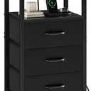 Vagusicc Nightstand with Charging Station, Bedside Table with USB Ports and Outlet, End Table Side Table with 3 Fabric Drawers and Storage Shelf, Bed Side Table Black Night Stand for Bedroom, Black