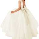 MCieloLuna Flower Girls Satin Tulle Princess Pageant Dress for Wedding Kids Pearls Prom Ball Gowns with Bow-Knot (6, Ivory)