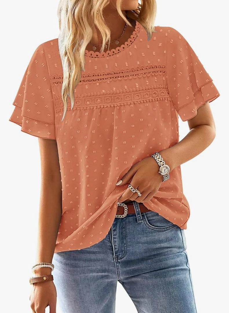 BETTE BOUTIK Summer Womens Short Sleeve Boho Tops Fashion Casual Crew Neck Shirts Swiss Dots Blouses M Orange