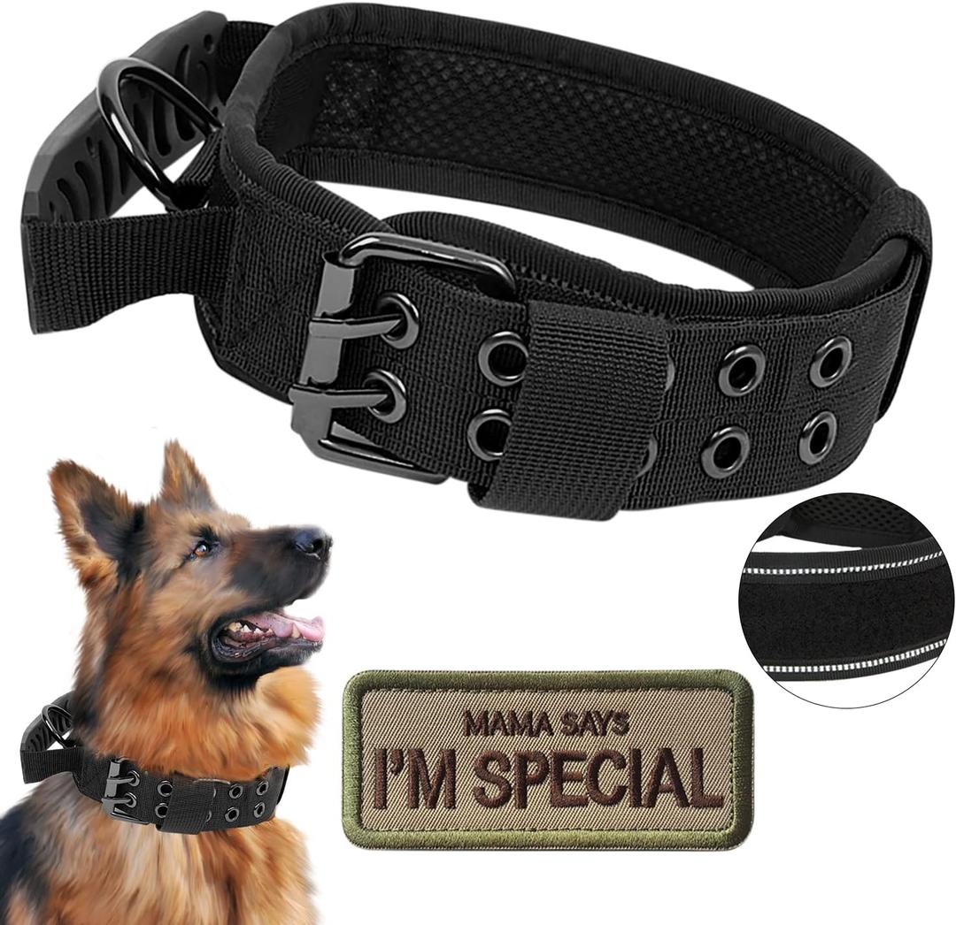 Tactical Dog Collar with Handle - Military Adjustable Dog Training Collar Soft Nylon and Heavy Duty Metal Buckle for Medium Large Dogs - with Patch (Black with Patch, X-Large)