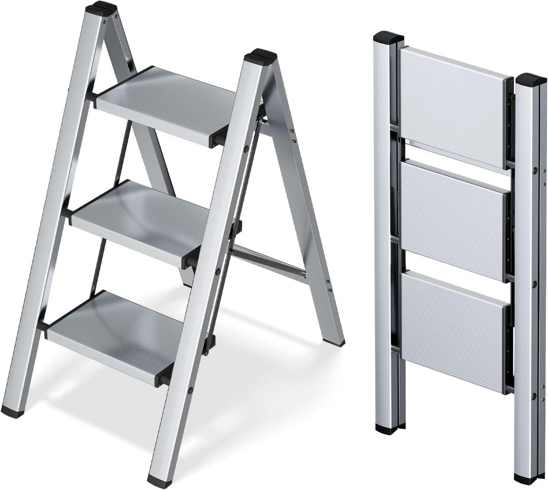 Taranta 3 Step Ladder,Aluminum Lightweight Folding 3 Step Stool with Anti-Slip Wide Pedal,330lbs Capacity Step Ladder for Household,Kitchen,Office - Silver