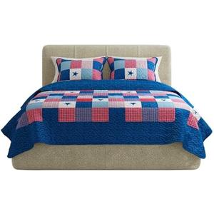 Lavish Home 2-Piece Caroline Patriotic Quilt Set – Microfiber Americana Stars and Plaid Patchwork Blanket Bed Set with Sham – Home Bedding (Twin)