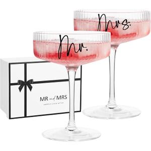 Ribbed Coupe Glasses for Anniversary Engagement Wedding Bridal Shower Gifts for Couple, Crystal Martini Glasses Set of 2, 10 Oz Vintage Wedding Mr and Mrs Champagne Flutes, Margarita Cocktail Glasses