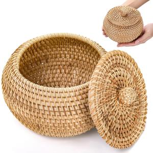 WRINGKIT Small Rattan Basket Box with Lid, Round Handmade Woven Storage Basket, Multi-purpose Wicker Bowl Decorative Organizer for Shelf, Home, Bathroom Decor