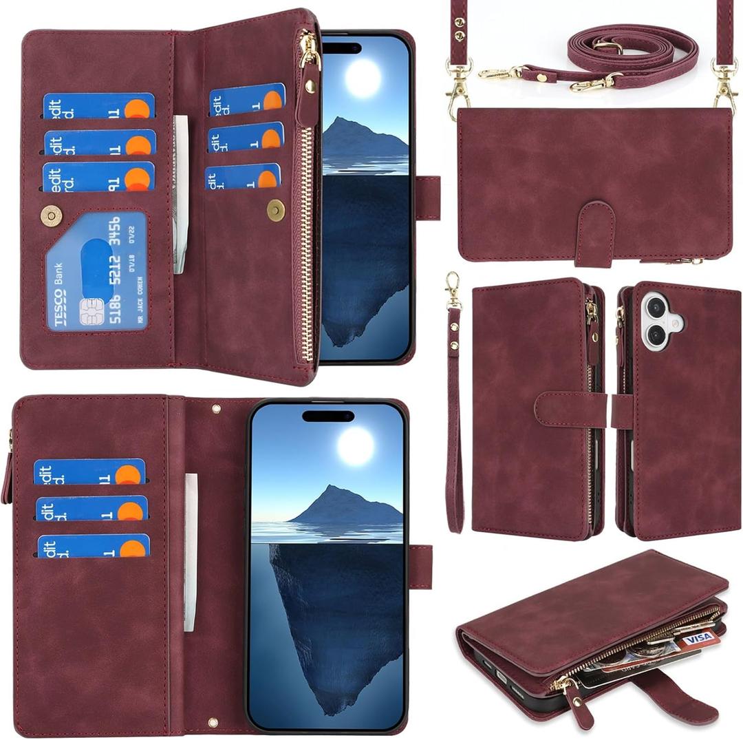 Jaorty Fit for iPhone 16 Plus 5G Phone Case Wallet for Women with Strap,Crossbody Shoulder Lanyard Wallet Case for iPhone 16 Plus with Card Holder,Zipper Pocket PU Leather Phone Case,6.7" Burgundy
