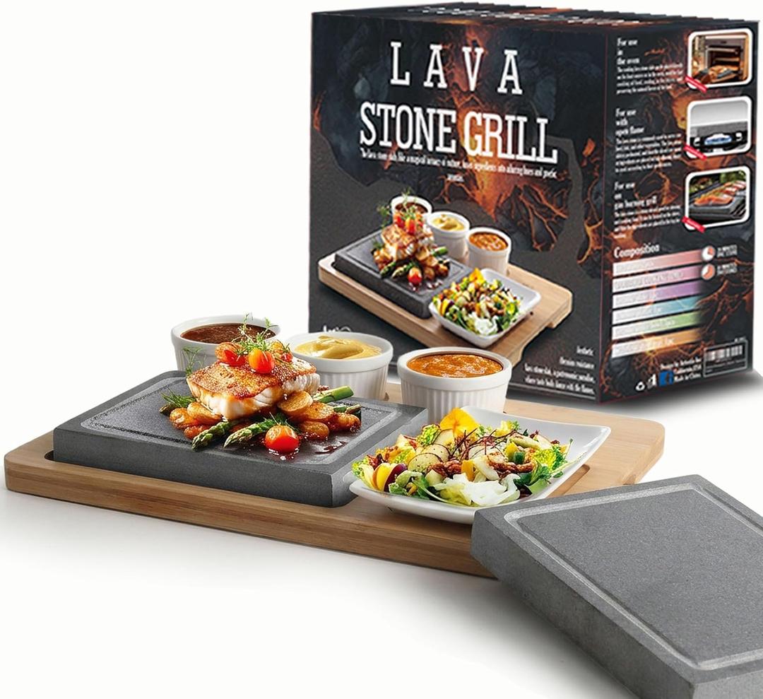 Artestia Hot Stone Grill Set for Steak, 2 Pcs Lava Rock Cooking Stones with Bamboo Serving Tray, 3 Sauce Bowls & Plate, Tabletop Steak Stone BBQ Grill for Indoor Outdoor Dining, 8.46 x 6.49 in