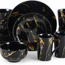 16-Piece Porcelain Dinnerware Set for 4, Black Gold Marble | Includes 4 dinner plates, 4 salad plates, 4 bowls, and 4 mugs. Microwave and dishwasher safe for everyday dining.