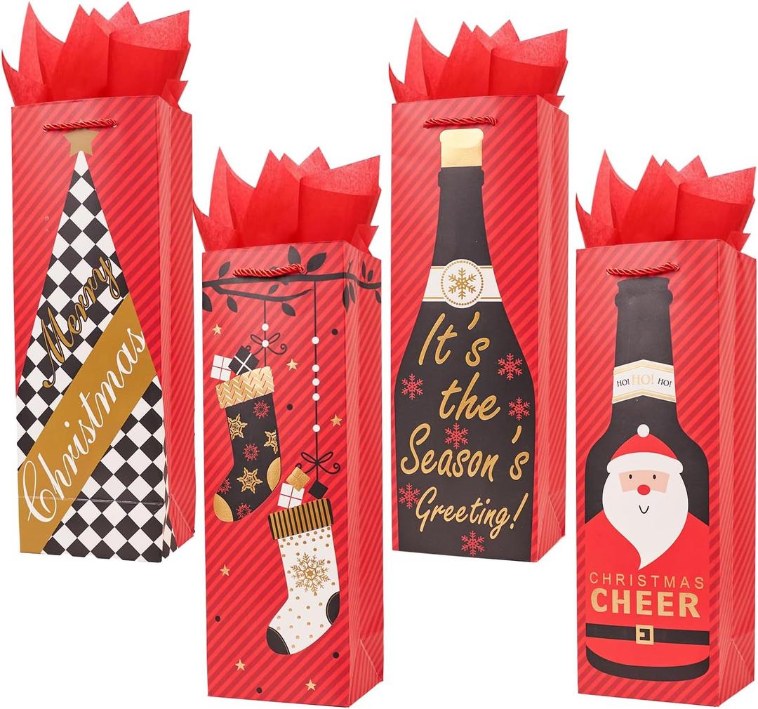 ZJHiome 12 Pack Christmas Bottle Gift Bags with Tissue Paper,13.7" Thick Paper Bottle Bags Bulk for Champagne & Wine Bottles,Reusable Wine Bags for Gift (Red)