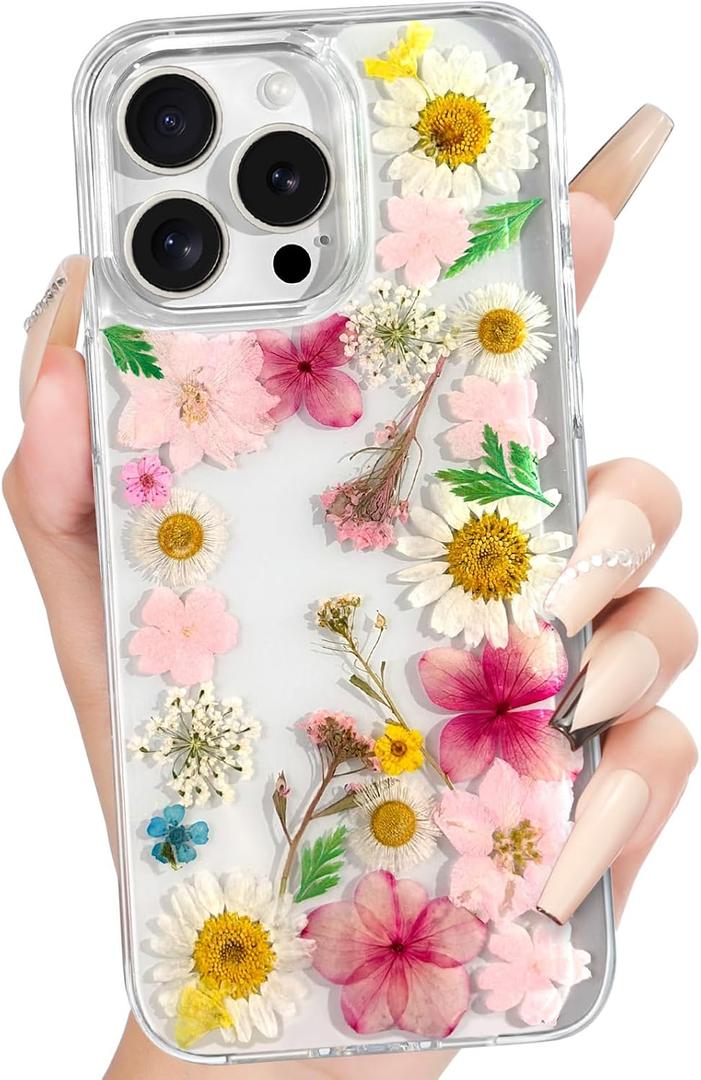 Loheckle for iPhone 16 Pro Max Case for Women - Girls Cute Glitter Dried Flower Floral Girly Aesthetic Kawaii Sparkle Sparkly Bling Unique Handmade Phone Cover for Apple 16 Promax 6.9", Fen