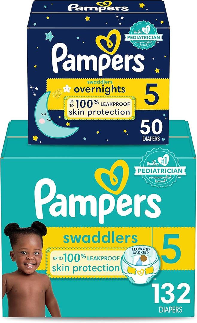 Pampers Disposable Diapers Size 5, Swaddlers 132 Count + Overnight (50 Count)