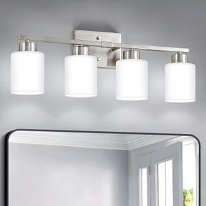 Brushed Nickel Bathroom Light Fixtures, 4-Light Modern Vanity Light Over Mirror, Wall Sconces with Milky White Frosted Glass Shades, E26 Socket (Bulbs Not Included)