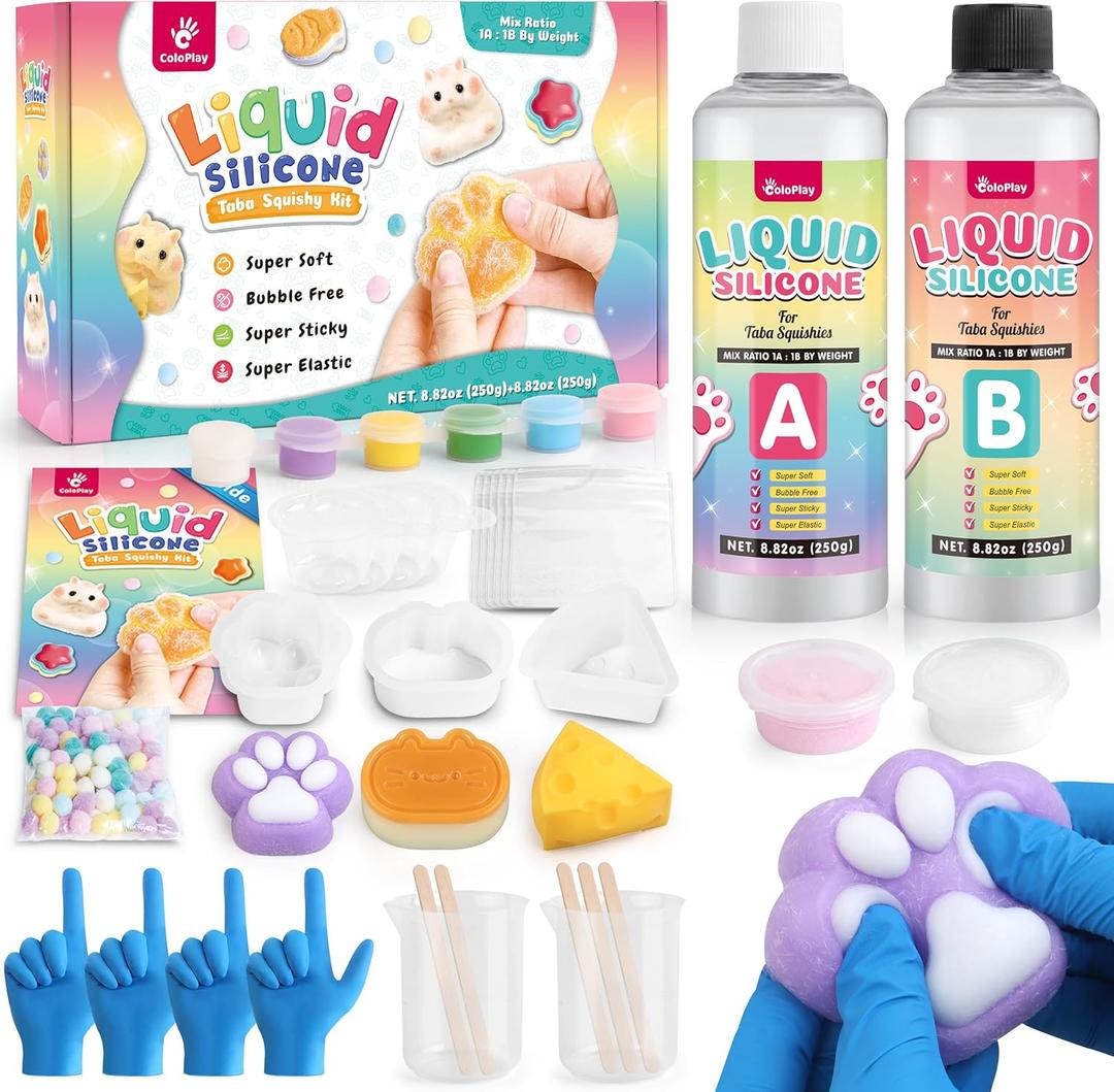 ColoPlay Taba Squishy Kit - 18OZ Rubber with Guided, Bubble Free and Faster Fully Cures - FuFu Squishy Kit with Mold, Flocking Powder - Stress Relief Entertainment