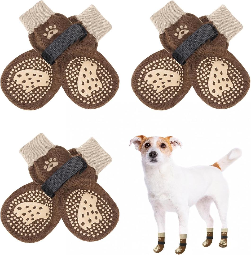 SCENEREAL 6Pcs Anti Slip Dog Socks to Prevent Licking Paws for Hot/Cold Pavement, Dog Grippy Socks for Hardwood Floors, Dog Shoes for Boots & Paw Protectors for Puppy Small Medium Large Senior Dogs (XS(Pack of 4+2), Brown Bear)