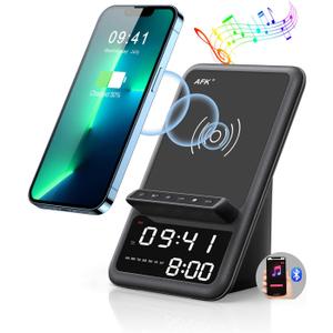 AFK Wireless Charging Station with Bluetooth Speaker and Alarm Clock, Wireless Charger Compatible with iPhone, Android Phones (Black)