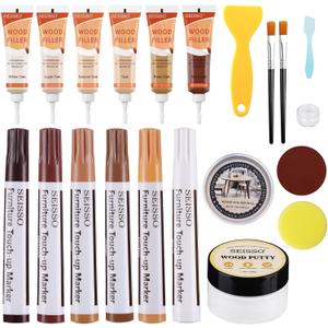 SEISSO Wood Furniture Repair Kit, 6 Oak Colors Wood Fillers 6 Colors Touch Up Markers, with Wood Putty, Wood Polish Wax for Repair Scratches, Stains, Cracks of Laminate, Door, Table, Cabinet, Floor