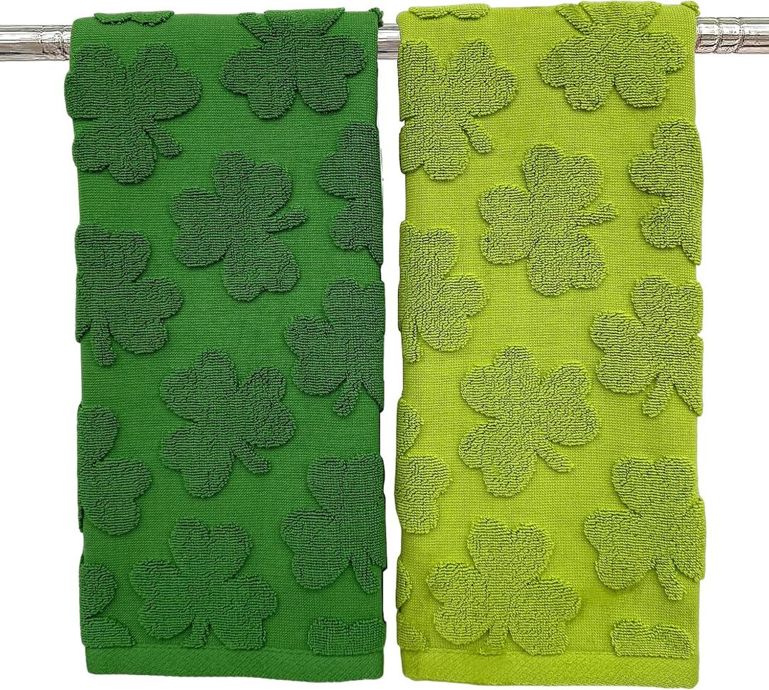 2 x Sarybei St Patrick's Day Bathroom Towel - 2 Pcs Large Pure Cotton Green Shamrocks Towels Set - Ultra Absorbent Hand Towels for Home Kitchen Irish Decorations