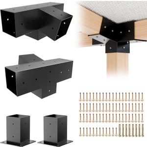 Pergola Kit, Slanted Roof Pergola Bracket, 4-Way Brackets with Post Base Kit, Log Cabin Outdoor 4"x 4" (Actual 3.5" X 3.5") Lumber (1PC 154-Way+1PC 754-Way+2PC Post Base)
