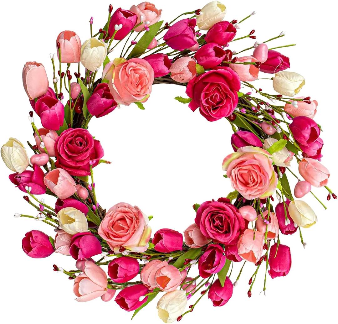 20 Inch Wreaths for Front Door - Artificial Wreath for Front Door Outside with Pink Red Roses & Tulips - Spring Floral Decor for Porch Wall Home Wedding